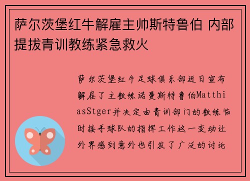 萨尔茨堡红牛解雇主帅斯特鲁伯 内部提拔青训教练紧急救火